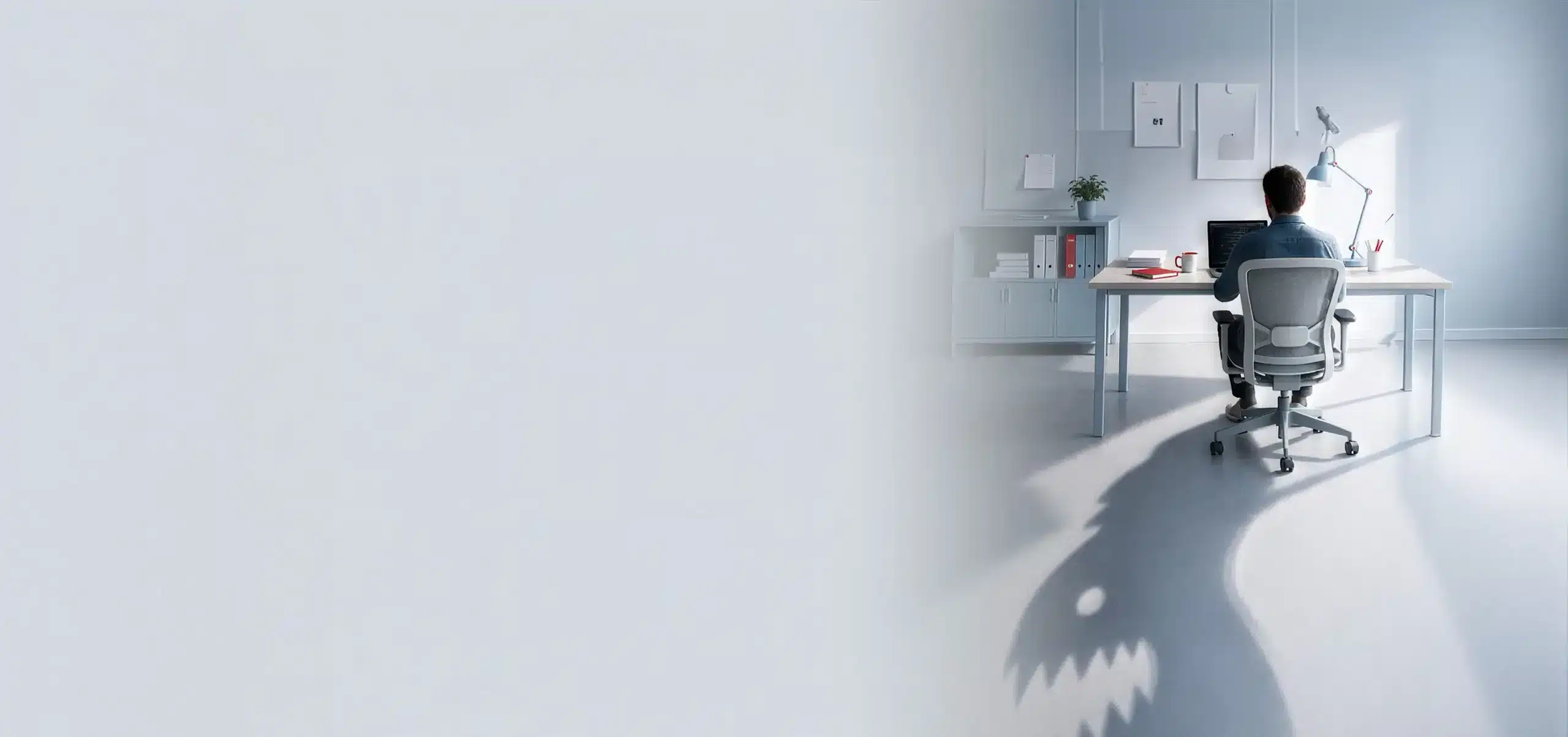 Medewerker aan bureau met de schaduw van een monster: de schaduwkant van AI